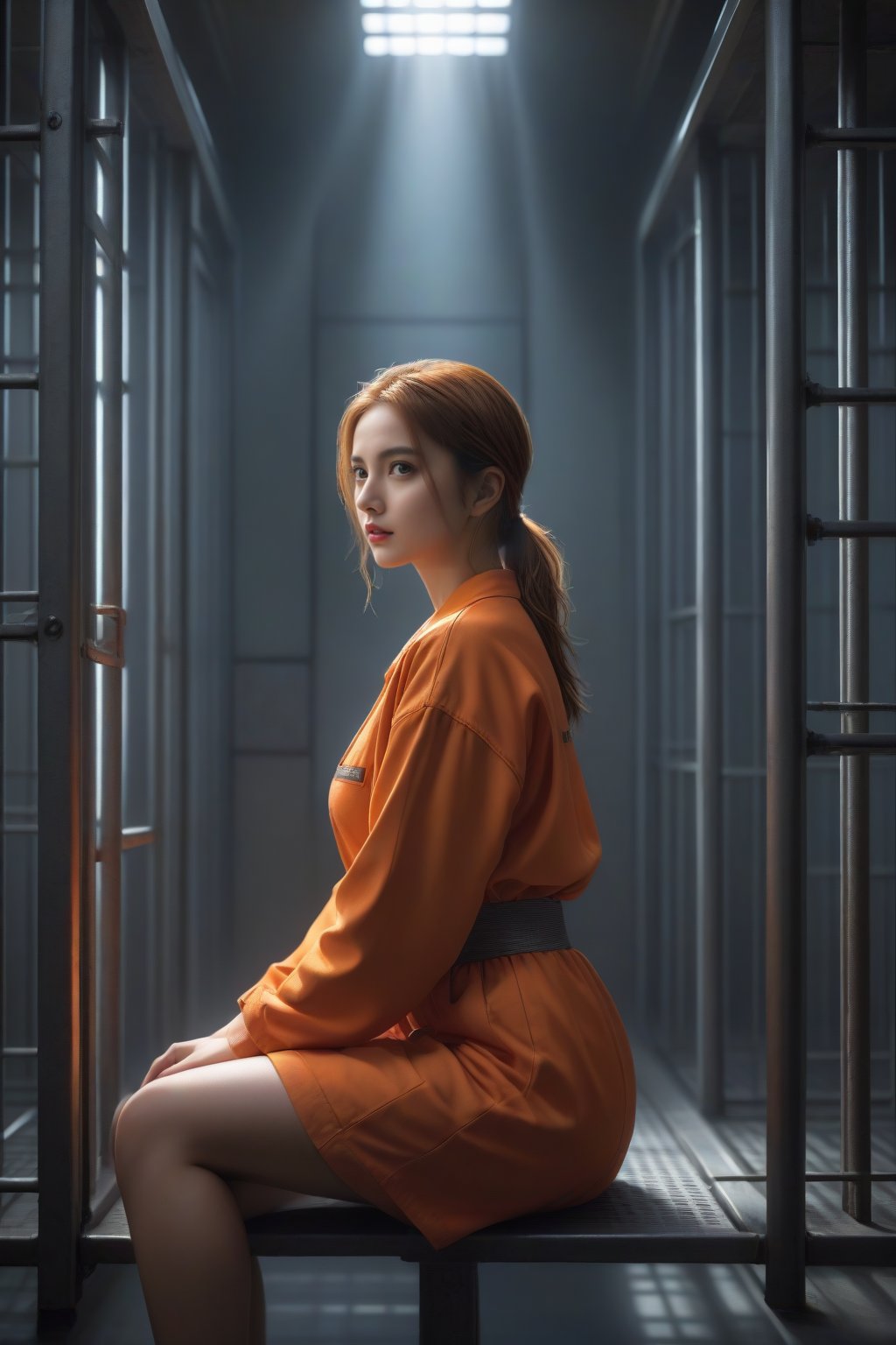 score_9, score_8_up, score_7_up, masterpiece, best quality, Realistic,
BREAK
front view, 1girl, solo, sitting, orange prison uniform, prison, prison room, prison bars in neat rows, high-tech wall, metal wall, high-tech prison bars, metal prison bars, tech lighting, cyberpunk lighting, soft bokeh, FuturEvoLabScene, FuturEvoLab, ,Prison