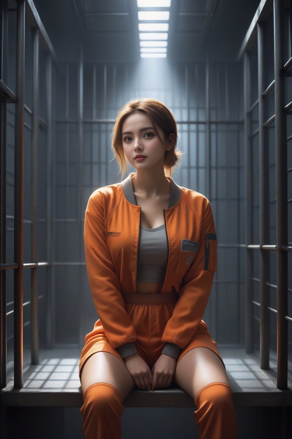 score_9, score_8_up, score_7_up, masterpiece, best quality, Realistic,
BREAK
front view, 1girl, solo, sitting, orange prison uniform, prison, prison room, prison bars in neat rows, high-tech wall, metal wall, high-tech prison bars, metal prison bars, tech lighting, cyberpunk lighting, soft bokeh, FuturEvoLabScene, FuturEvoLab, ,Prison