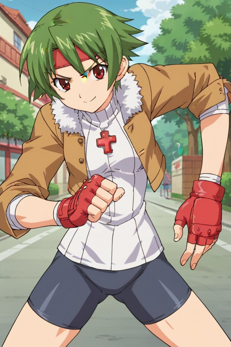 score_9, score_8_up, score_7_up, 2d, anime_screencap, source_anime, 1girl, solo, misaki_nitou, green hair, short hair, red eyes, cropped jacket, shirt, fingerless gloves, cross, emblem, bike shorts, standing, confident smile, fight stance, dynamic pose, outdoors, street