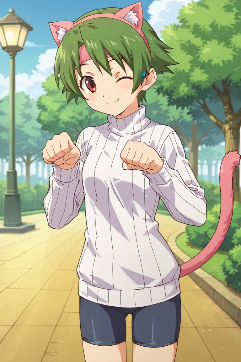 score_9, score_8_up, score_7_up, 2d, anime_screencap, source_anime, 1girl, solo,  misaki_nitou, short hair, green hair, red eyes, pink headband, white shirt, sweater, long sleeves, bike shorts, standing, fake cat ears, cat tail, outdoors, park, standing, one eye closed, smile, paw pose,