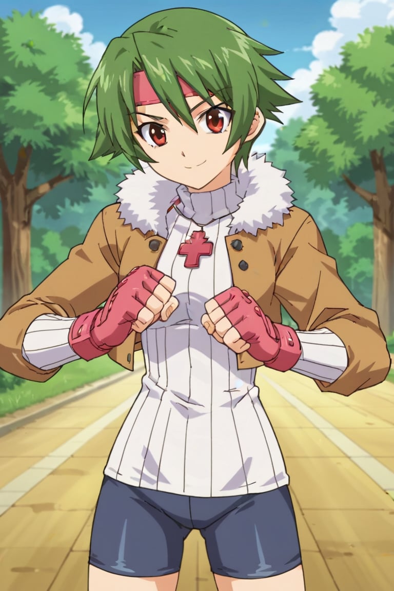 score_9, score_8_up, score_7_up, 2d, anime_screencap, source_anime, 1girl, solo, misaki_nitou, green hair, short hair, red eyes, pink headband, cropped jacket, fur trim, shirt, long sleeves, turtleneck, fingerless gloves, cross, emblem, bike shorts, spandex, pink sneakers, standing, confident smile, fight stance, dynamic pose, cowboy shot, outdoors, street