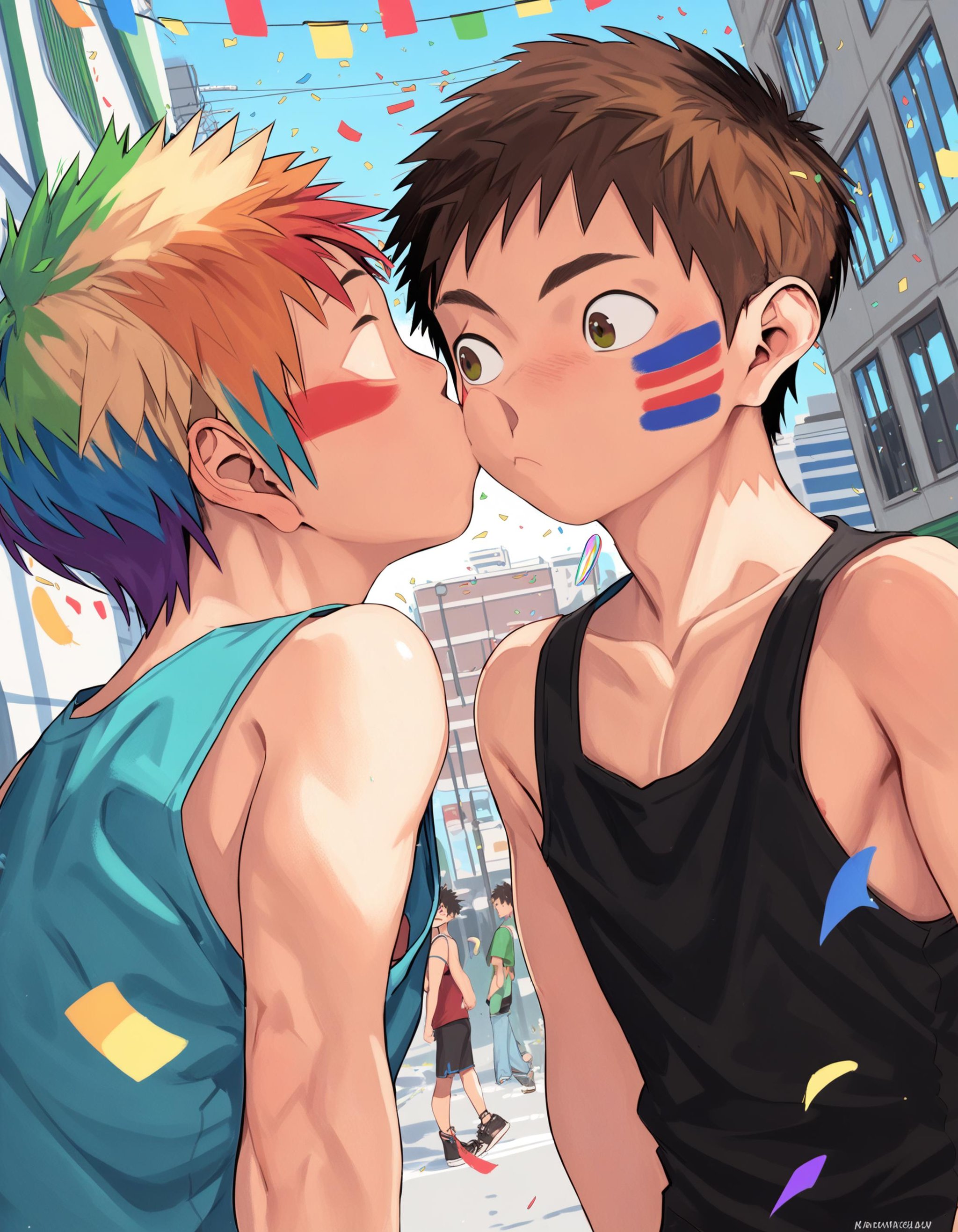 score_9, score_8_up, score_7_up, score_6_up, 2015s, outdoors, city street, dutch angle, 2boys, toned, rainbow hair, brown eyes, face paint, looking at another, tank top, rainbow flag, confetti, surprise cheek kiss <lora:shounen_zoom-amxl-v6i-ShoAI:1> <lora:Cheeck_kiss:0.7>