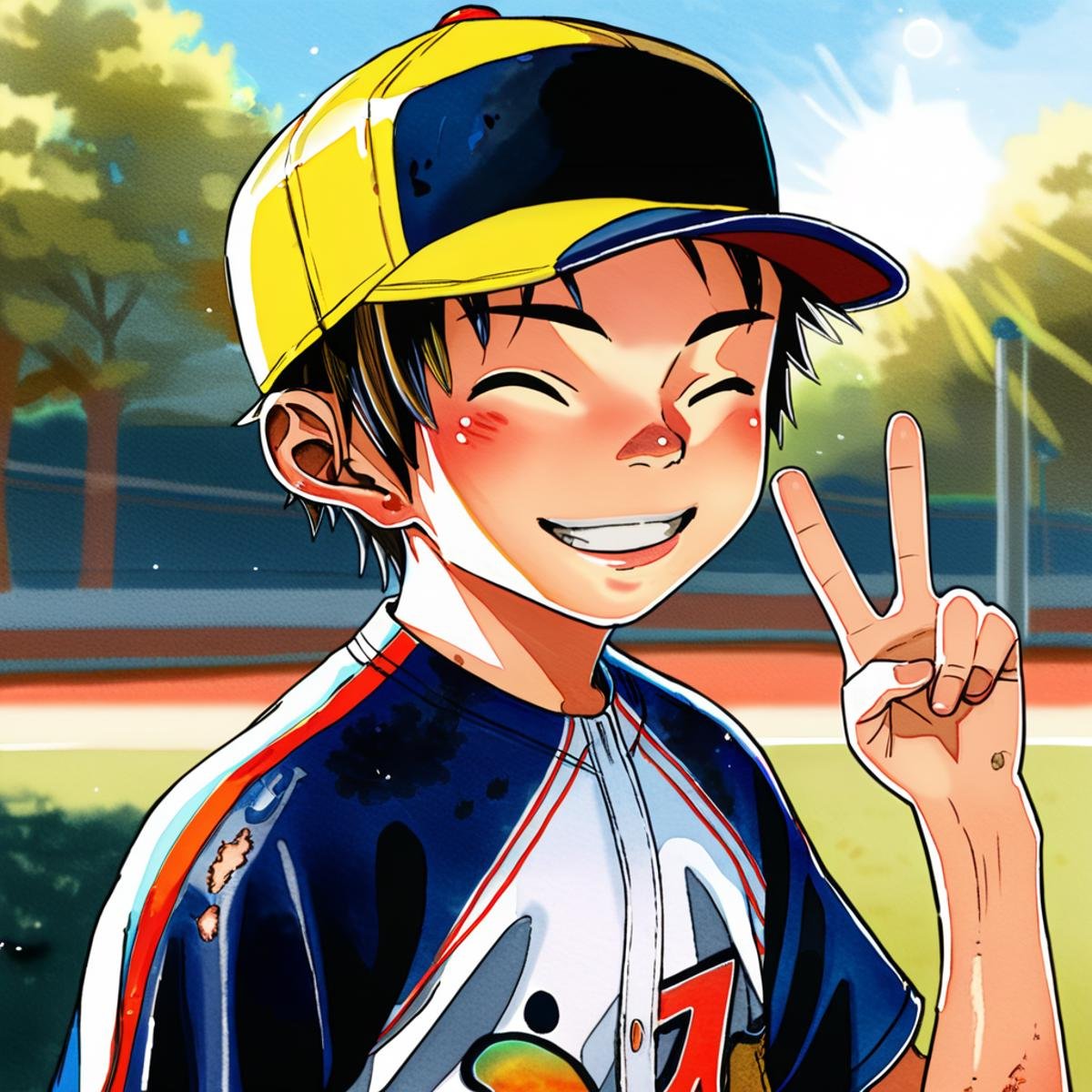 score_6, score_6_up, 2010s, source_watercolor, textured paper, outdoors, sunlight, fisheye, upper body, 1boy, solo, closed eyes, smile, baseball cap, peace sign <lora:shounen_zoom-amxl-v6i-ShoAI:1>