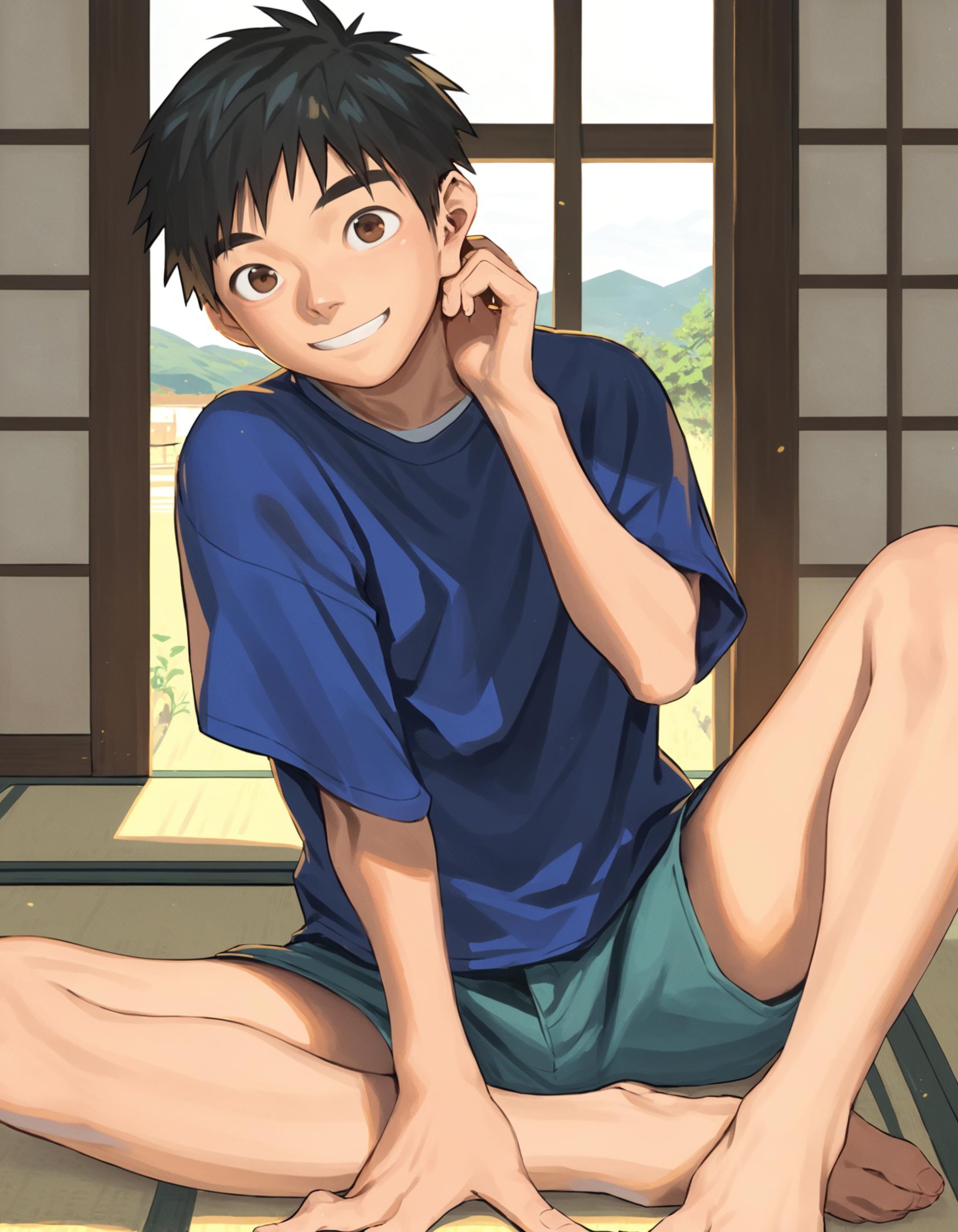 score_9, score_8_up, score_7_up, score_6_up, 2020s, indoors, tatami, scenery, fields, 1boy, brown eyes, black hair, solo, looking at viewer, smile, t-shirt, shorts, sitting wariza, on floor, leaning forward, arm support <lora:shounen_zoom-amxl-v6i-ShoAI:1>