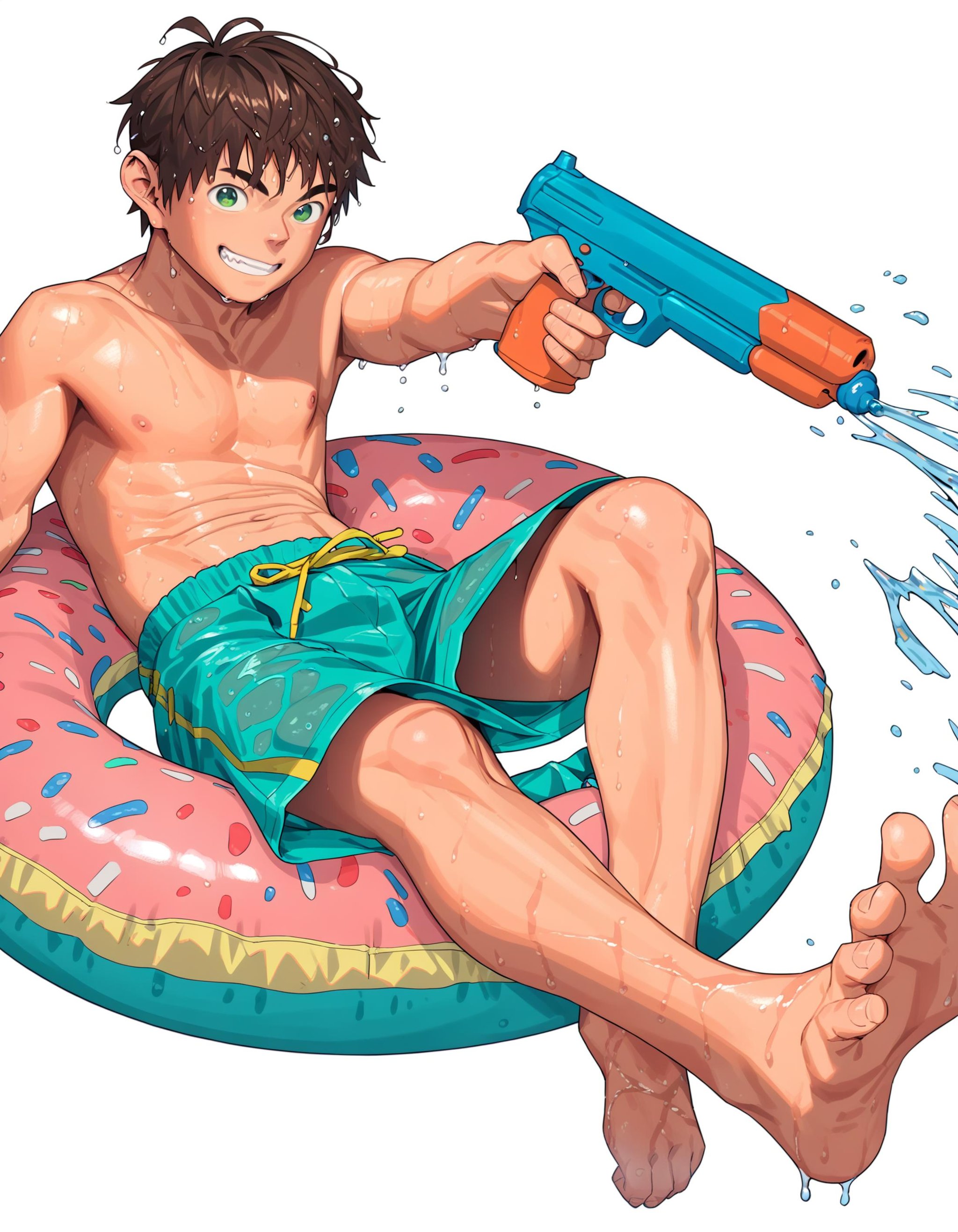 score_8, score_8_up, score_7_up, score_6_up, 2015s, white background, d0nut, innertube, fisheye, full body, 1boy, solo, brown hair, green eyes, grin, topless, swim trunks, wet hair, holding water gun, water drop, soaking feet <lora:shounen_zoom-amxl-v6i-ShoAI:1> <lora:d0nutXLP:0.7>