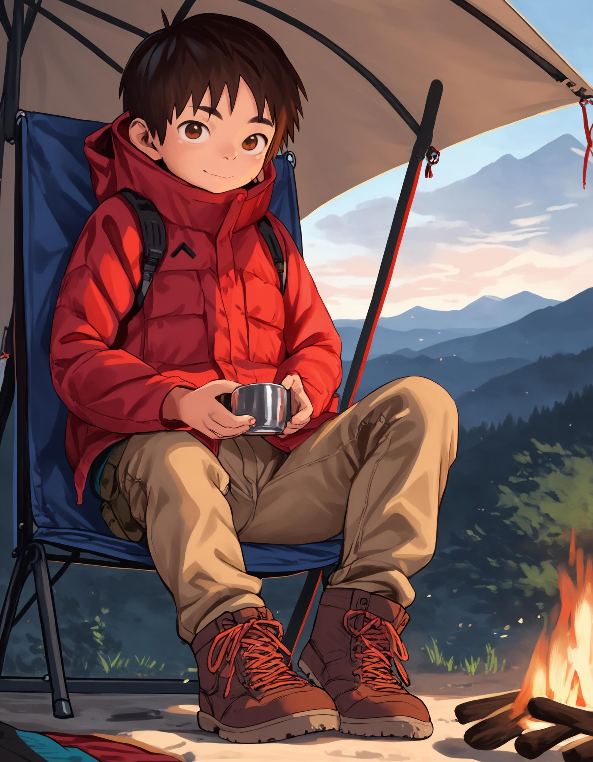 score_9, score_8_up, score_7_up, score_6_up, 2020s, outdoors, campfire, tent, dawn, mountains, 1boy, solo, young, brown hair, brown eyes, red jacket, khaki cargo pants, hiking boots, sitting, camping chair, holding metal cup, steam, looking at viewer, small smile, tired, soft focus <lora:shounen_zoom-amxl-v6i-ShoAI:1>