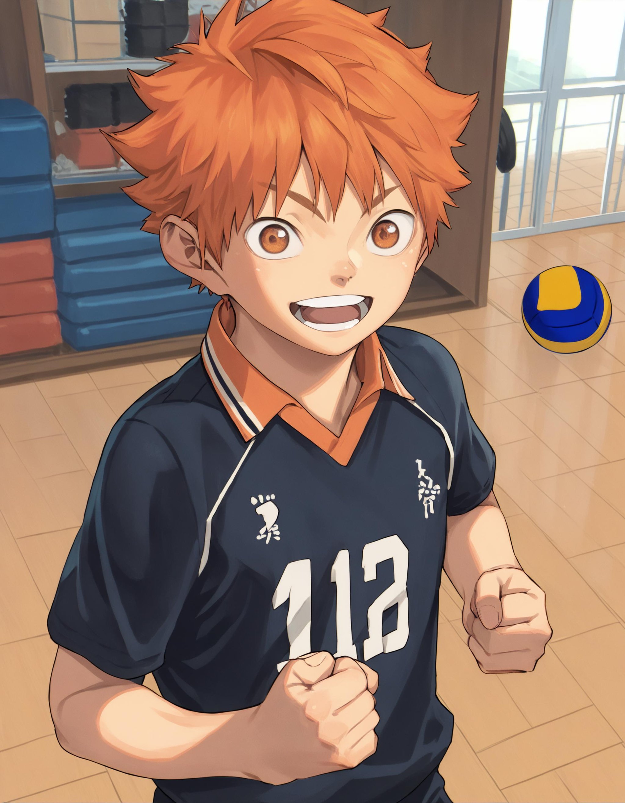 score_9, score_8_up, score_7_up, score_6_up, 2020s, indoors, gym, fisheye, foreshortening, 1boy, solo, hinata shoyo, orange hair, orange eyes, volleyball uniform, open mouth, smile, clenched hands, looking up at viewer <lora:Hinata_Shoyo:0.75> <lora:shounen_zoom-amxl-v6i-ShoAI:1>