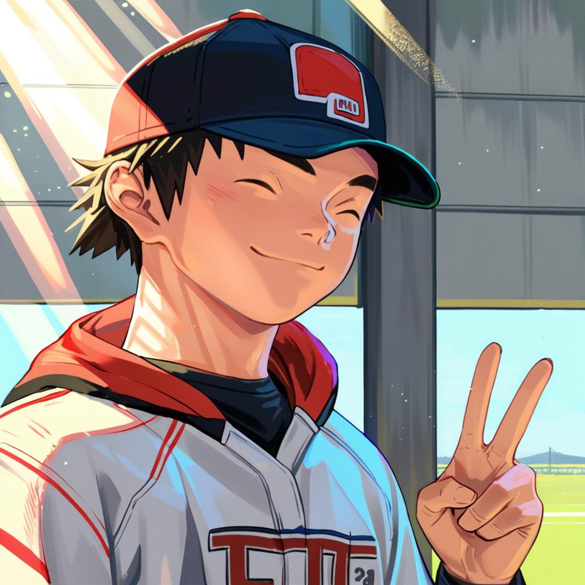 score_9, score_8_up, score_7_up, score_6_up, 2020s, outdoors, sunlight, fisheye, upper body, 1boy, solo, closed eyes, smile, baseball cap, peace sign <lora:shounen_zoom-amxl-v6i-ShoAI:1>