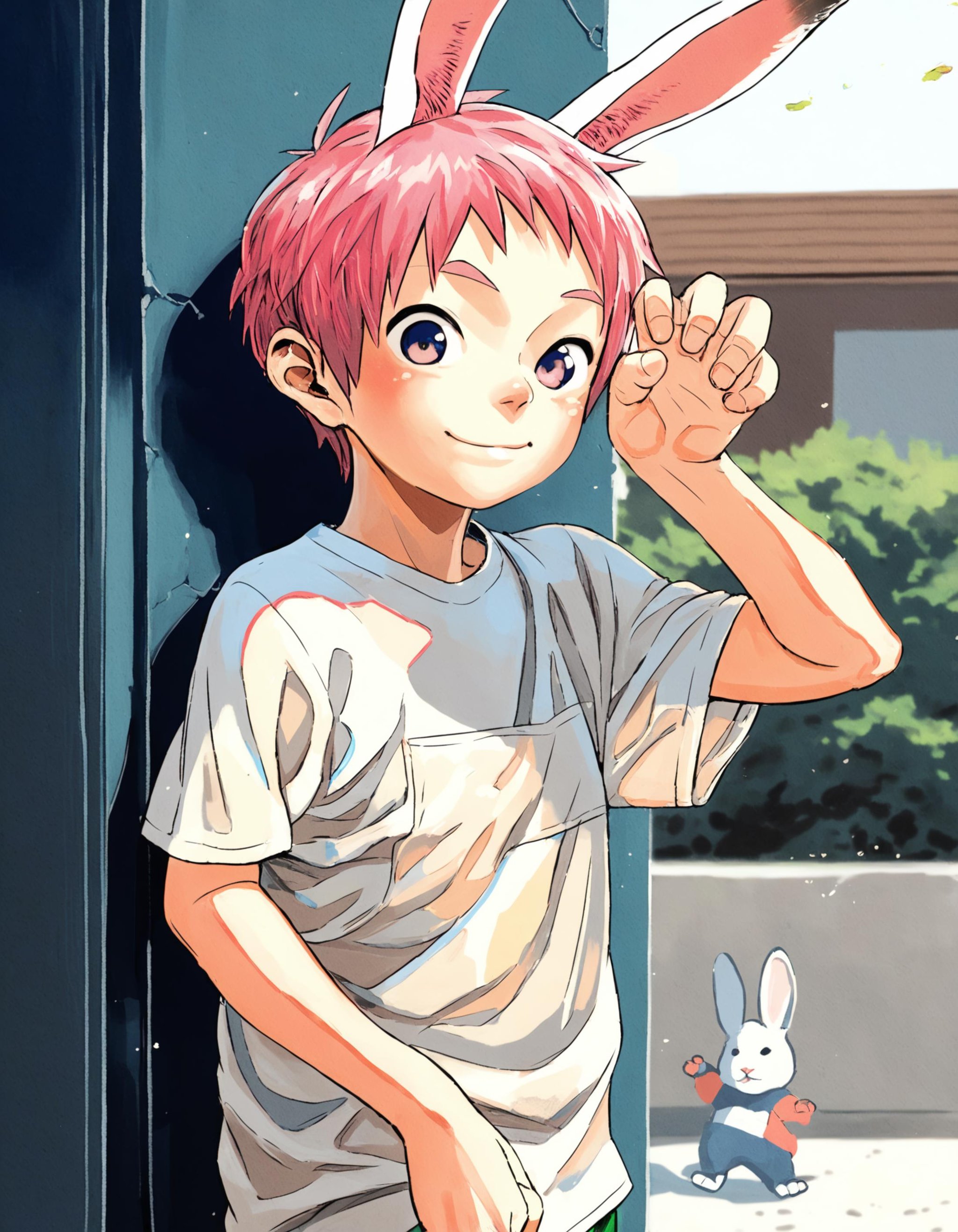 score_7, score_7_up, score_6_up, 2010s, source_watercolor, pastel colors, outdoors, upper body, 1boy, young, solo, pink hair, rabbit ears, white shirt, pink t-shirt, grabbing own ears, pants, smile, cute, paw pose <lora:shounen_zoom-amxl-v6i-ShoAI:1>