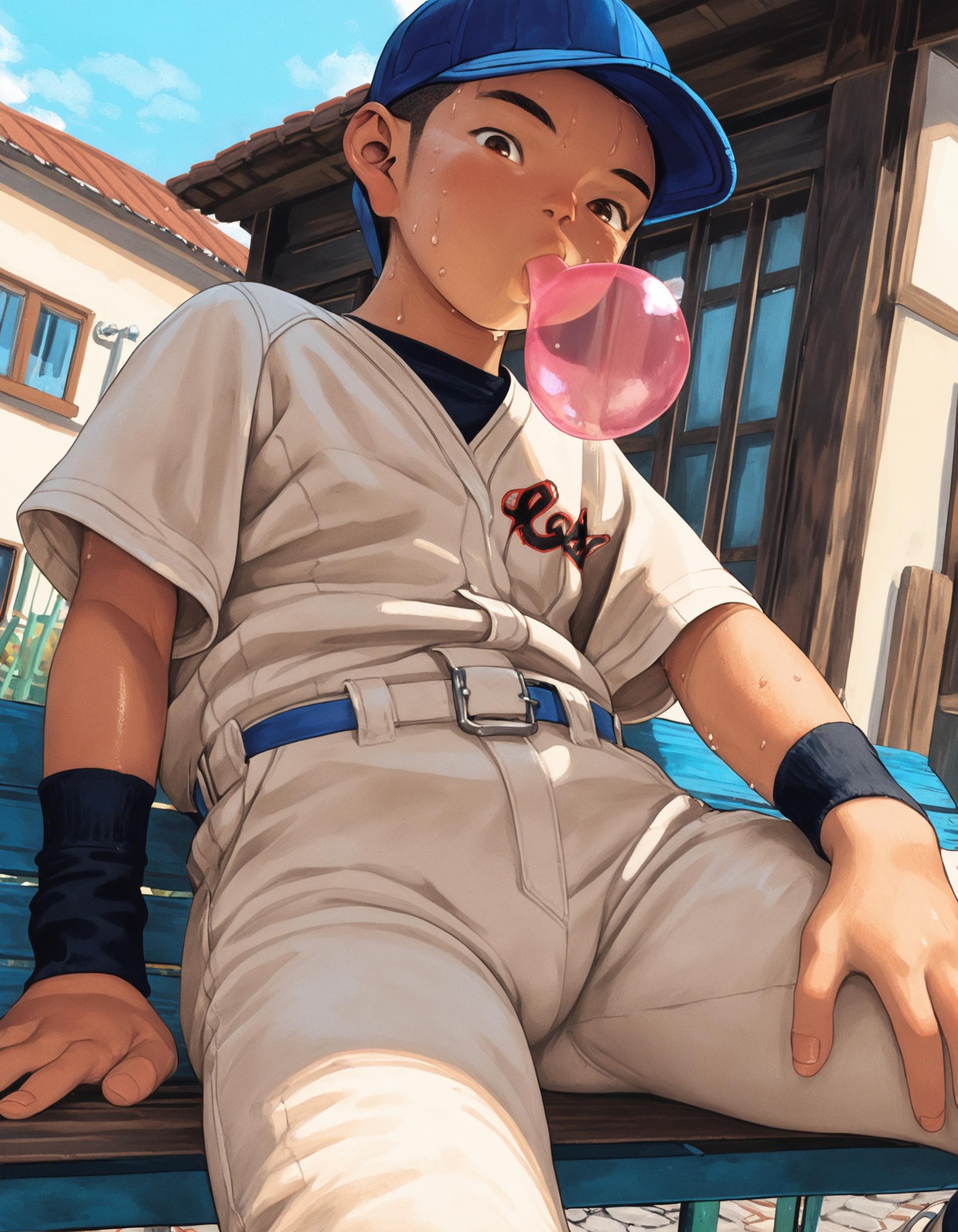 score_9, score_8_up, score_7_up, score_6_up, 2015s, source_anime, outdoors, dugout, metal roof, from below, cowboy shot, dutch angle, 1boy, solo, teenager, black hair, brown eyes, buzzcut, baseball uniform, white pants, wristband, sitting on bench, cap, bubblegum, looking down at viewer, sweat <lora:shounen_zoom-amxl-v6i-ShoAI:1.2>