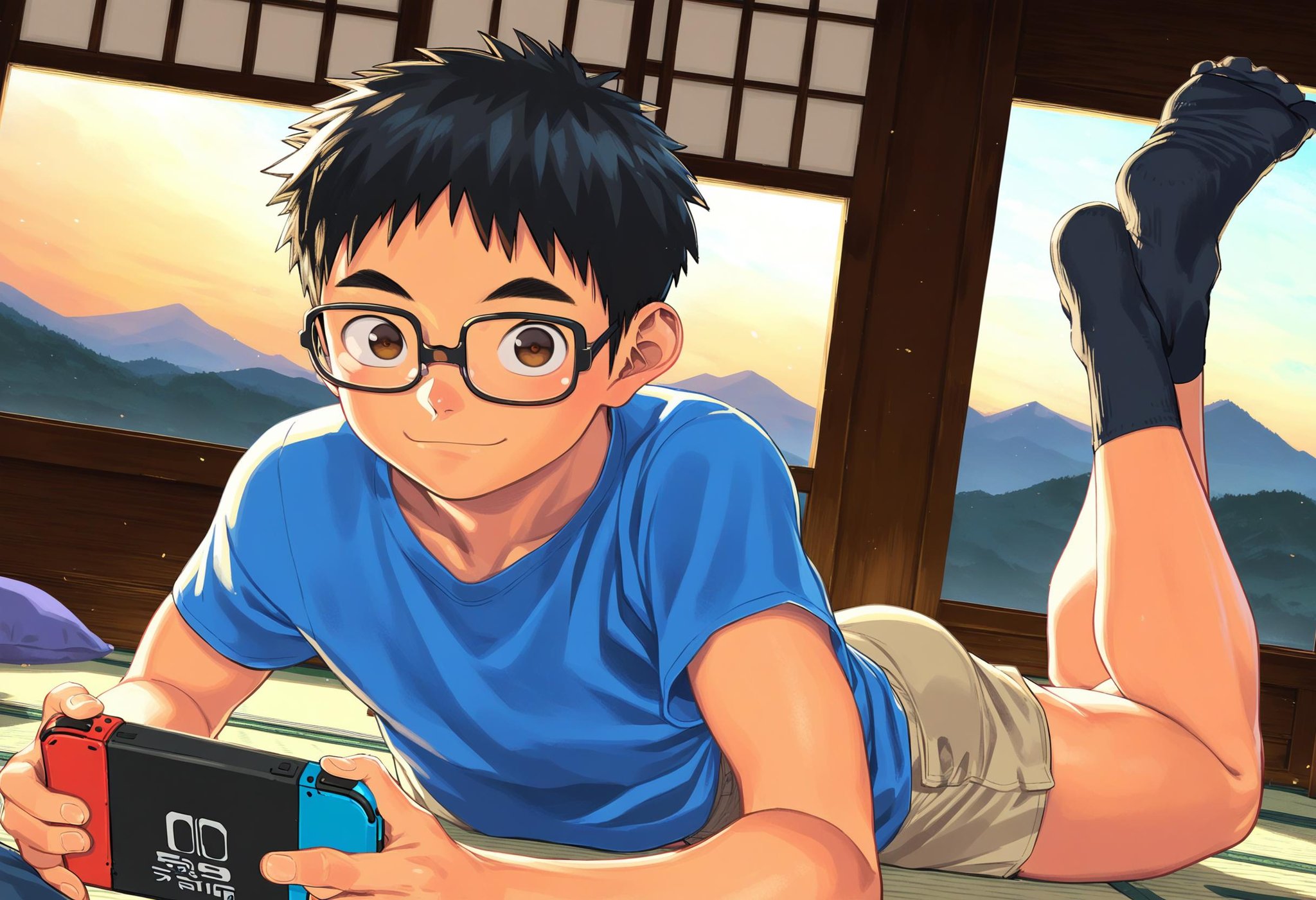 score_8, score_8_up, score_7_up, score_6_up, 2015s, 2020s, indoors, tatami, scenery, sunset, mountain, dutch angle, foreshortening, fisheye, 1boy, solo, black hair, brown eyes, glasses, t-shirt, shorts, lying, on stomach, closed mouth, smile, looking at viewer, ankle socks, playing nintendo switch, cushion <lora:shounen_zoom-amxl-v6i-ShoAI:0.95>