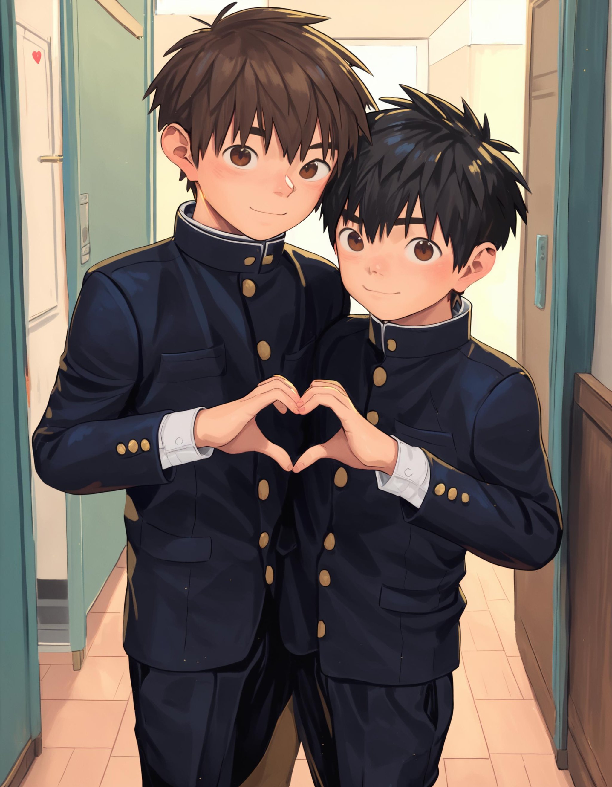 score_9, score_8_up, score_7_up, score_6_up, 2020s, indoors, school hallway, cowboy shot, 2boys, brown hair, black hair, brown eyes, black hair, school uniform, gakuran, black pants, heart hands, blush, smile, looking away <lora:shounen_zoom-amxl-v6i-ShoAI:1>