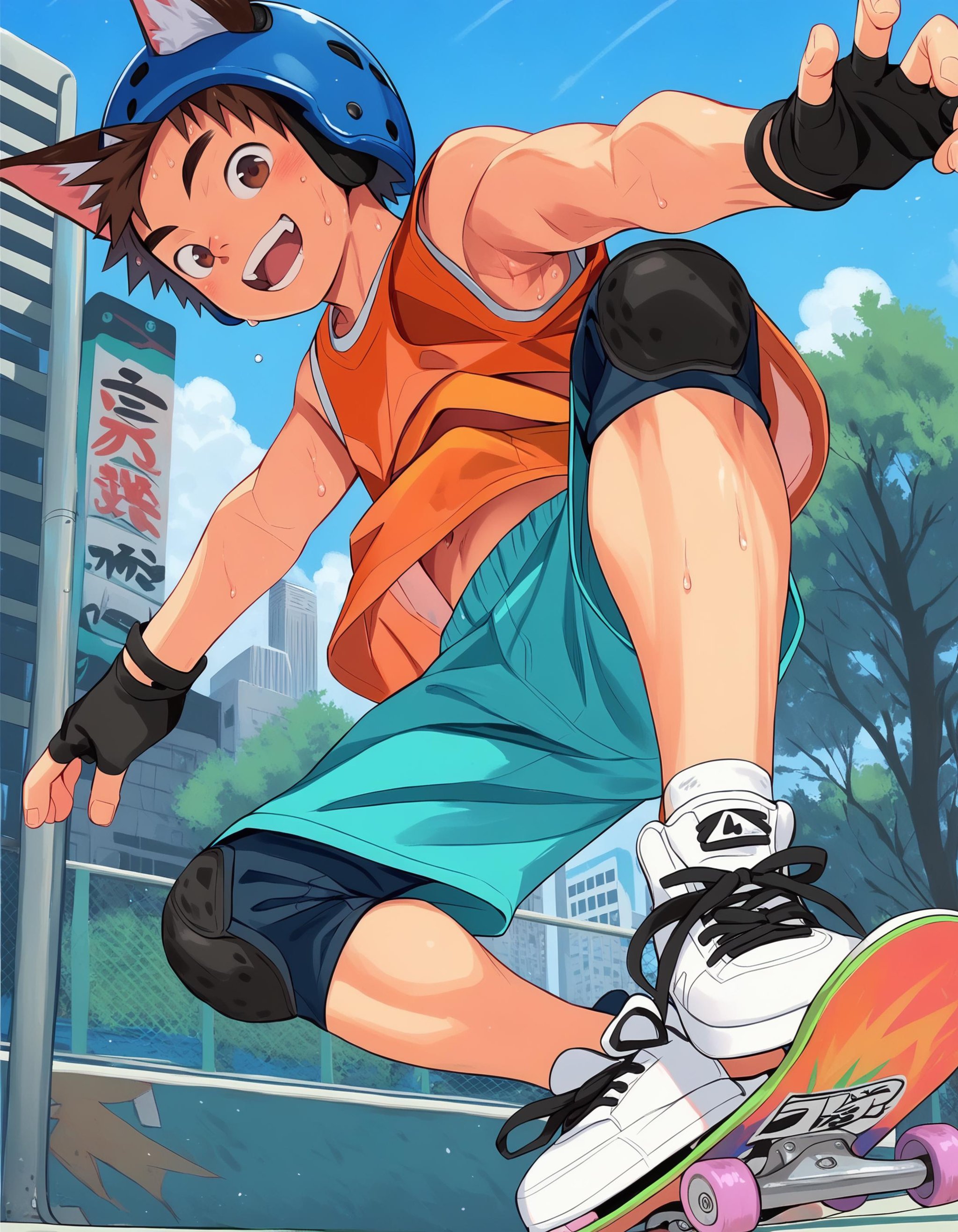 score_8, score_8_up, score_7_up, score_6_up, 2020s, solo, outdoors, park, cityscape, dutch angle, from below, 1boy, young, brown hair, brown eyes, looking at viewer, open mouth, smile, orange tank top, midriff peek, sweat, blue shorts, blush, sneakers, fox ears, helmet, knee pads, black fingerless gloves, skateboarding, skateboard <lora:shounen_zoom-amxl-v6i-ShoAI:1> <lora:Skateboard_Pony_XL:1>