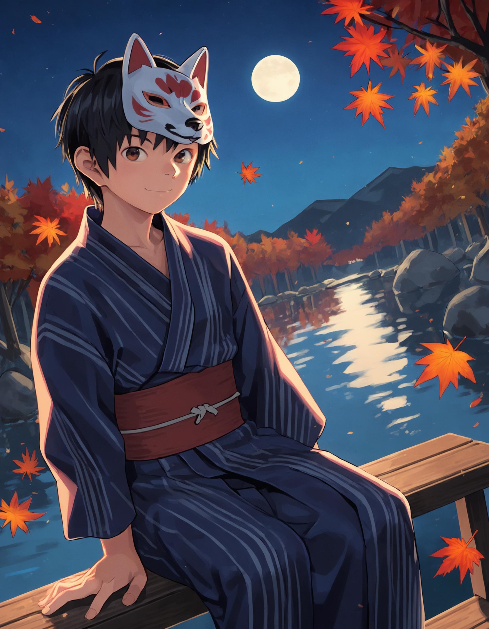 score_9, score_8_up, score_7_up, score_6_up, 2015s, 2020s, outdoors, night sky, moon, dramatic lighting, creek, rocks, autumn leaves, dutch angle, 1boy, solo, black hair, brown eyes, closed mouth, smile, looking at viewer, japanese clothes, yukata, pants, sitting on bench, geta, (fox mask on head:1.1) <lora:shounen_zoom-amxl-v6i-ShoAI:1> <lora:LowKeyLightsPony:0.45>