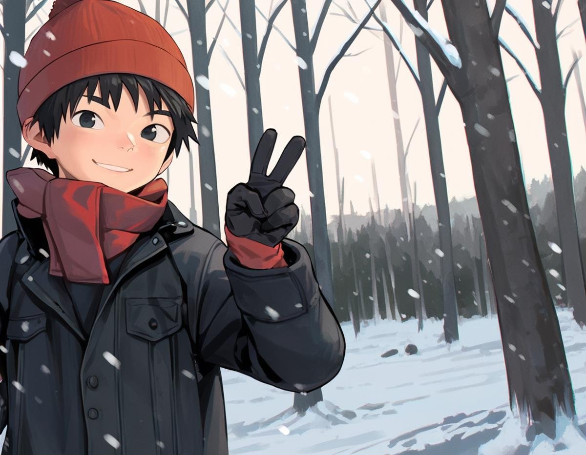 score_9, score_8_up, score_7_up, score_6_up, 2015s, outdoors, forest, winter, snowing, trees, fisheye, foreshortening, upper body BREAK 1boy, solo, black hair, black eyes, beanie, snow jacket, pants, gloves, looking up at viewer, smirk, peace sign <lora:shounen_zoom-amxl-v6i-ShoAI:1>