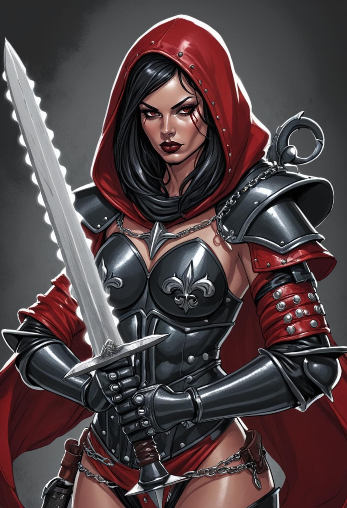 (Digital illustration), sexy sister repentia, skimpy black and red armor, hood, holding chainsword, dynamic composition, comic book \(style\), bold lines, dramatic shading, red splashes, line art, limited color palette, extremely detailed,<lora:Sisters-of-Battle-subset-000004:1>