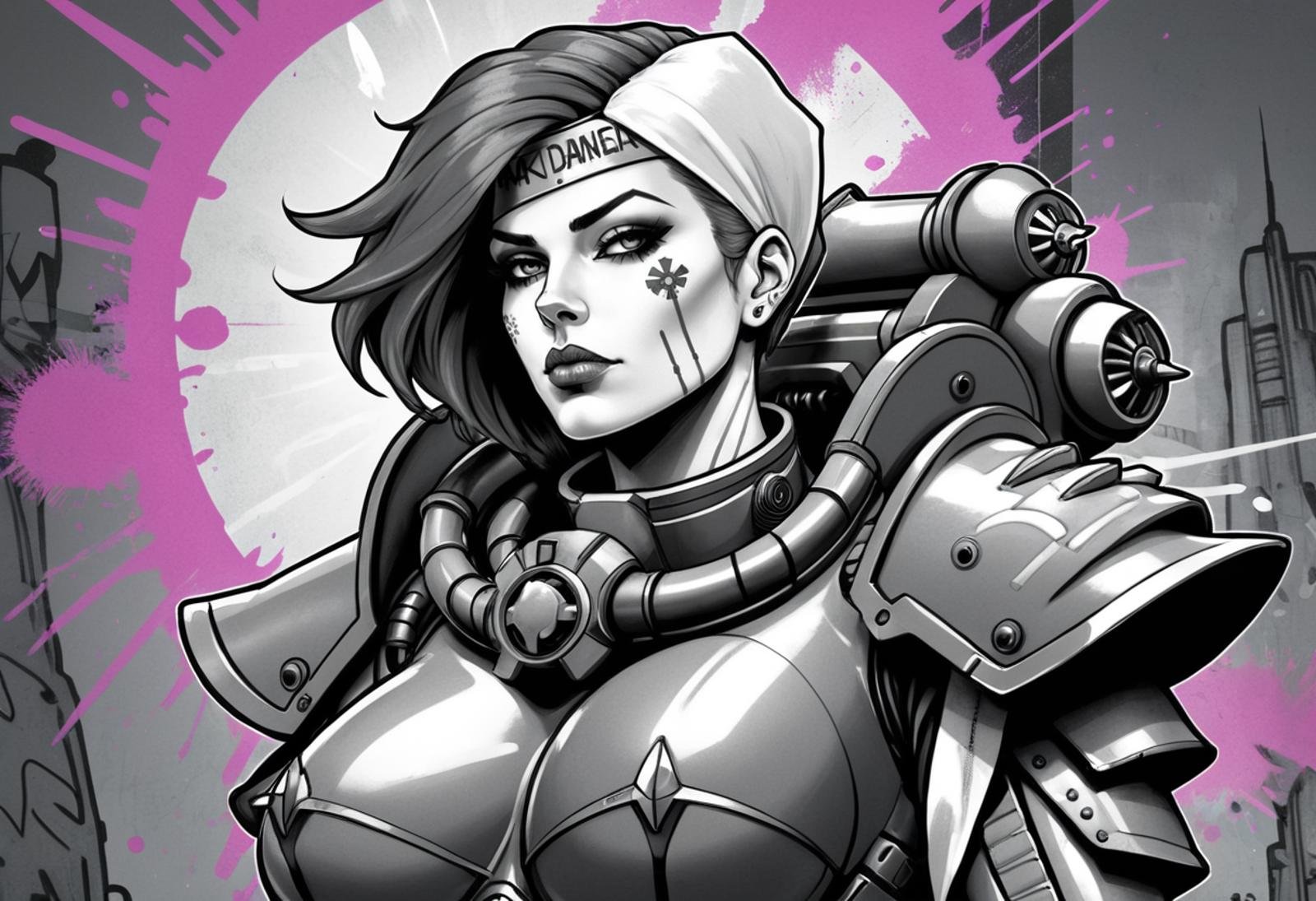 (Digital Illustration), beautiful Sister of Battle, Black and white power armor, blush, halo above her head, portrait, cleavage, dynamic composition, graffiti \(style\), bold lines, dramatic shading, color splashes, line art, limited color palette, extremely detailed, Punk,<lora:Sisters-of-Battle-subset-000004:1>