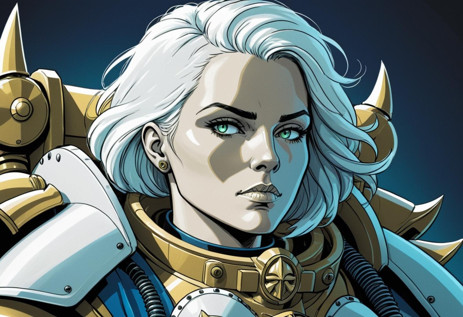 (Digital Illustration), closeup portrait, beautiful sister of battle, white and gold power armor, dynamic composition, comic book \(style\), lineart, [linear], bold lines, dramatic shading, limited color palette, blue and green accents, cohesive, moody atmosphere, extremely detailed, <lora:Sisters-of-Battle-subset-000004:1>