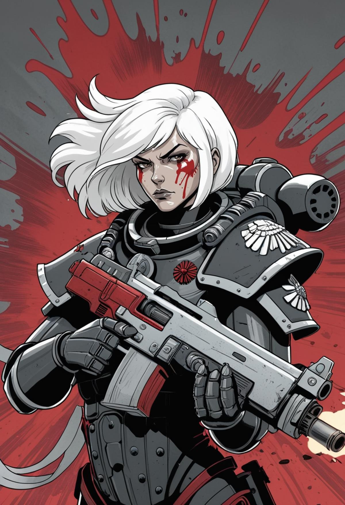 (Digital illustration), sister of battle, white hair, black and red power armor, holding bolter, dynamic composition, comic book \(style\), bold lines, dramatic shading, red splashes, line art, limited color palette, extremely detailed,<lora:Sisters-of-Battle-subset-000004:1>