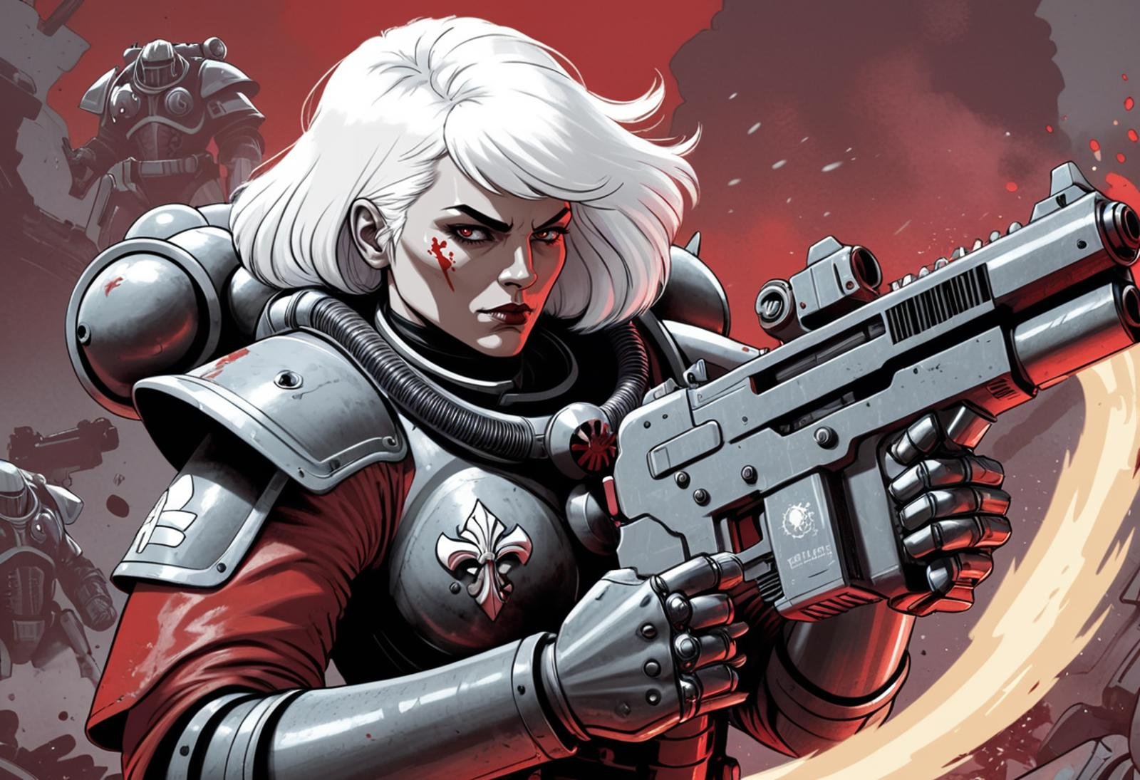 (Digital illustration), sister of battle, white hair, black and red power armor, holding bolter, dynamic composition, comic book \(style\), bold lines, dramatic shading, red splashes, line art, limited color palette, extremely detailed,<lora:Sisters-of-Battle-subset-000004:1>