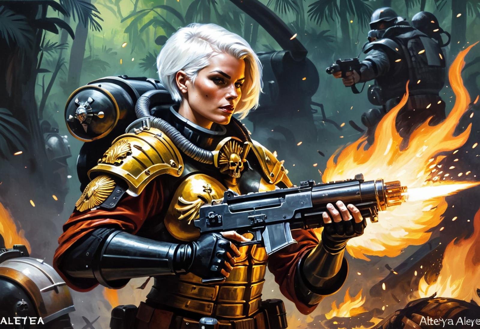 Masterpiece, painting of a solo sexy Sister of battle, short white hair, black and gold armor, shooting flames from a combi-flamer \(flamethrower\), combat, catachan jungle, [landscape], action, complex, muted colors, grimdark, warhammer 40k, oil on canvas, flat color, concept art, extremely detailed,AND_PERP By Alteya:1<lora:Sisters-of-Battle-subset-000004:1>