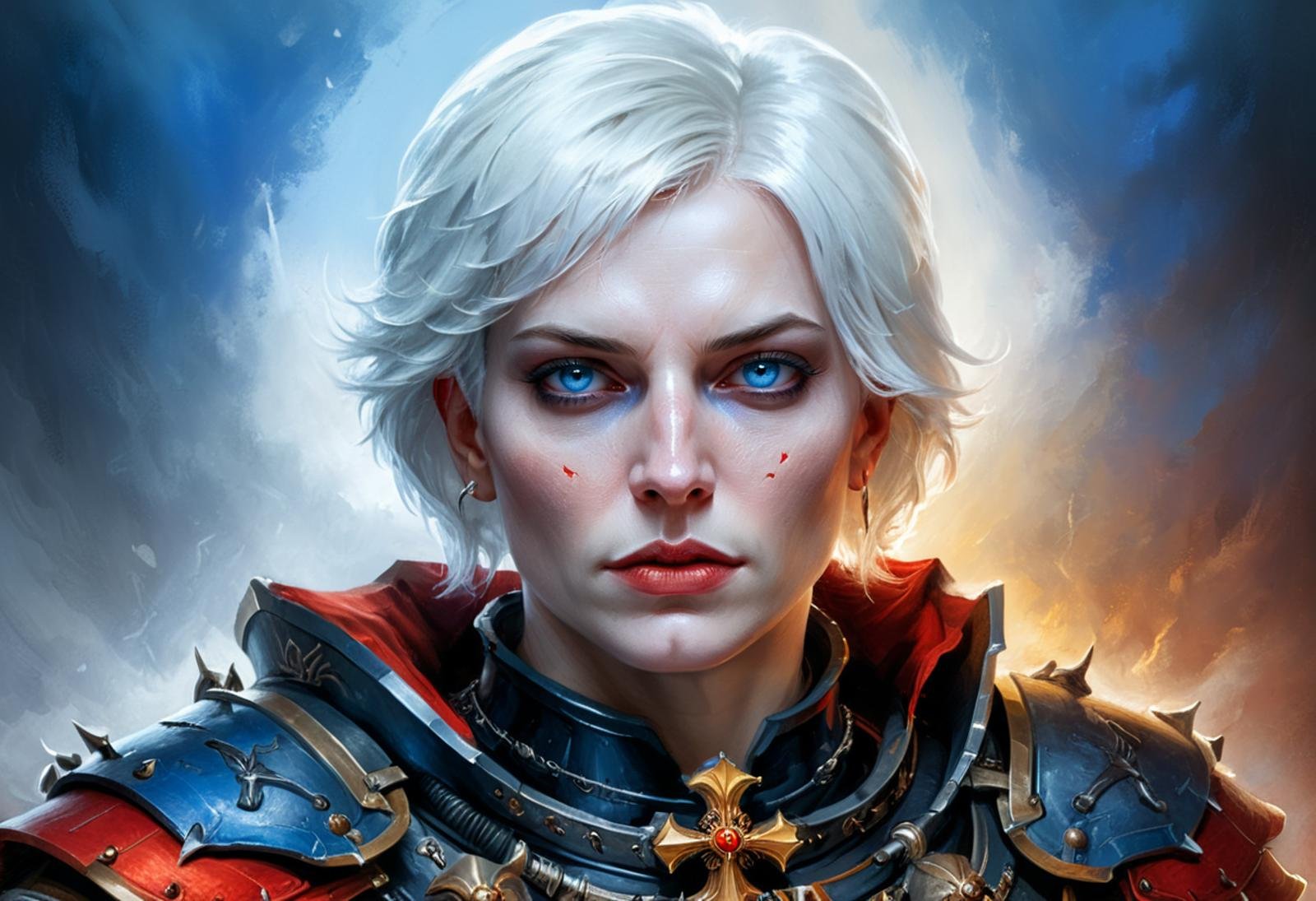 Masterpiece, digital painting of a beautiful Sister of Battle from the order Our Martyred Lady, short white hair, blue eyes, detailed face, black and red armor, (exposed breasts), portrait, somber expression, complex background, stylistic, centered, rule of thirds, vignette, [dispersion], vibrant colors, warhammer 40k, extremely detailed, painterly, nsfw,<lora:Sisters-of-Battle-subset-000004:1>,<lora:xl_more_art-full_v1:1>  