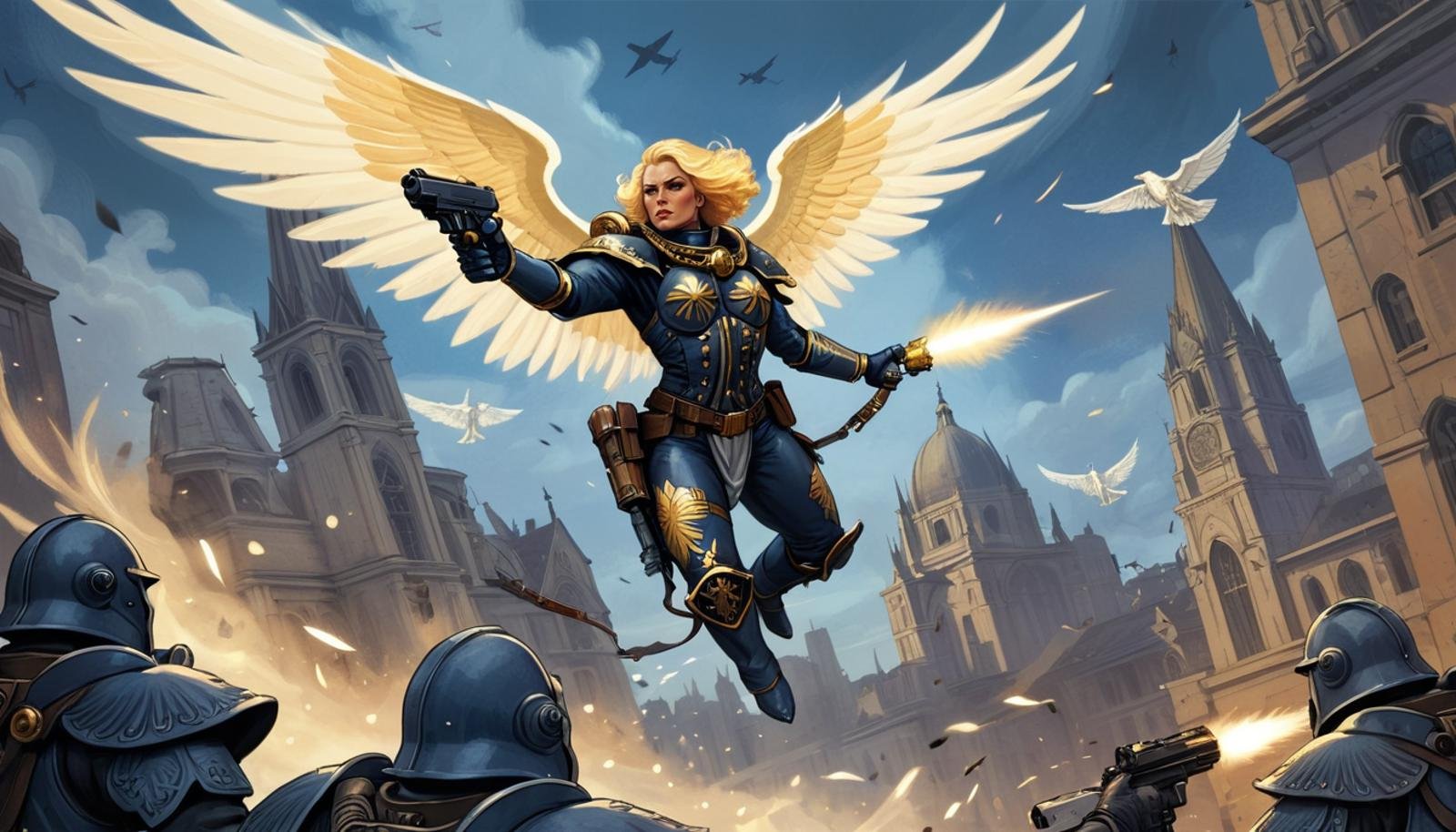 (Digital Illustration), Sister of Battle, Seraphim, soaring through the air, armed with an ornate bolt pistol, flying high in the sky firing bolter rounds at enemies on the ground bellow her, (angle wings), RPG artwork \(style\), dramatic, dynamic composition, stylized, painterly, brush strokes, city backdrop, depth, atmospheric, warm color, dramatic shading, extremely detailed,<lora:Sisters-of-Battle-subset-000004:1>