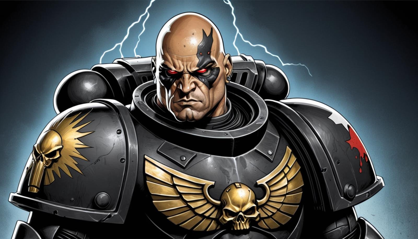 (Digital Illustration),  Carcharodon Ancient from the Carcharodons Space Marine chapter. He is shown from the chest up, wearing a black power armor with white and gold trim. He has a large bald head with a tattooed face and several cybernetic implants. He is looking at the viewer with a stern expression. The background is a dark grey.dynamic composition, centered, comic book \(style\), bold lines, dramatic shading, red splashes, line art, limited color palette, extremely detailed, warhammer 40k, <lora:Astartes-000007:1>