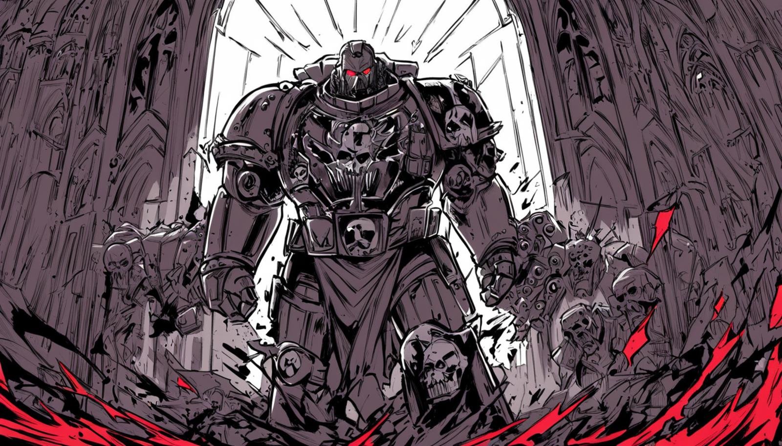 Anime style, Iron Father, Iron hands techmarine, mechadendrite, glowing red eye lens, standing in front of a large gothic building, dynamic composition, comic book \(style\), bold lines, dramatic shading, red splashes, line art, limited color palette, extremely detailed, <lora:Astartes-000007:1>