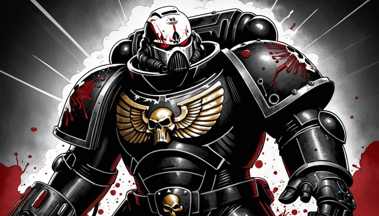 (digital illustration), Space Marine from the Black Templar Chapter, [black|white] Power Armor, upper body, portrait, dynamic composition, centered, comic book \(style\), bold lines, dramatic shading, red splashes, line art, limited color palette, extremely detailed, grimdark, warhammer 40k <lora:Astartes-000007:1>