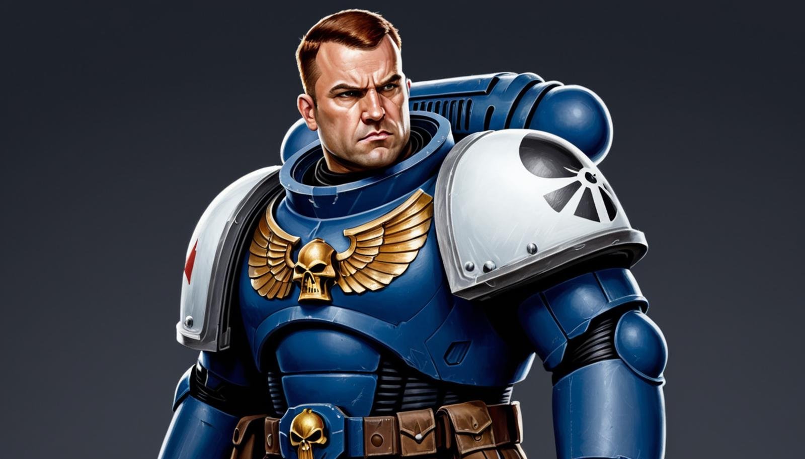 (Digital Illustration), Space Marine from the Warhammer 40k universe. The painting is in a portrait style with a simple background. The Space Marine is shown from the chest up and is wearing a dark blue and white power armor with a white helmet. He has short brown hair and a stern expression on his face. He is standing with his right hand on his hip and his left hand holding a bolt pistol. <lora:Astartes-000007:1>