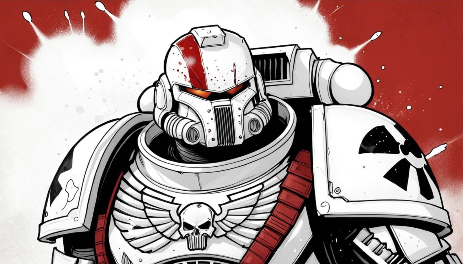 (digital illustration), White Scars Space Marine, White and Red Power Armor, upper body, portrait, dynamic composition, centered, comic book \(style\), bold lines, dramatic shading, red splashes, line art, limited color palette, extremely detailed, warhammer 40k <lora:Astartes-000009:1>