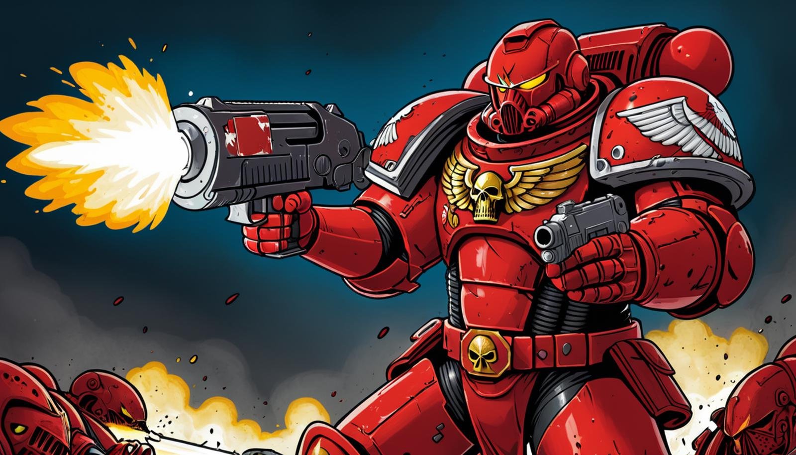 (digital illustration), Blood Angel Space Marine, Red Power Armor, holding bolter, heroic pose, dynamic composition, centered, comic book \(style\), bold lines, dramatic shading, red splashes, line art, limited color palette, extremely detailed, warhammer 40k <lora:Astartes-000007:1>