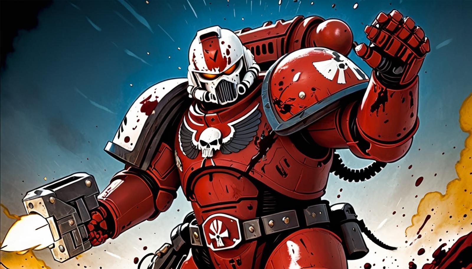 (illustration), Space Marine from the Flesh Tearers chapter, red power armor with white helmet, blood stains chainsword in his right hand, action pose, charging into battle, upper body, comic book \(style\), cel shading, bold outlines, vibrant colors, dynamic composition, dramatic, [[splash page]], expressive, line art, extremely detailed, warhammer 40k, <lora:Astartes-000007:1>