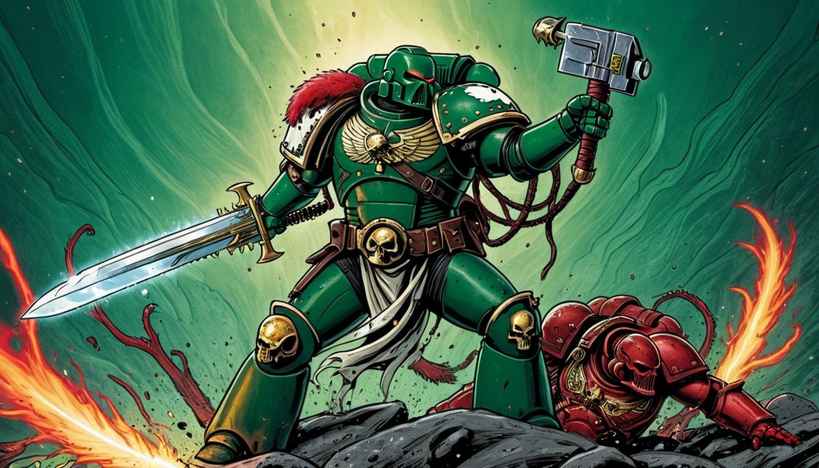 (Digital Illustration), Salamander Captain in Terminator armor. He is standing in a heroic pose, his left hand on his hip and his right hand holding a power sword. He is wearing a green and white helmet with a red plume, and his armor is decorated with various purity seals and other iconography. In the background, a Word Bearer chaos space marine and a Salamander marine are fighting.dynamic composition, comic book \(style\), bold lines, dramatic shading, [[splash page]], line art, limited color palette, extremely detailed, <lora:Astartes-000007:1>