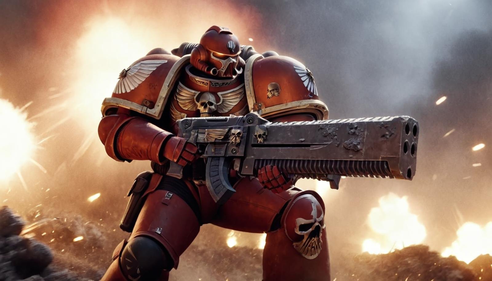 (Cinematic Still Frame), Warhammer 40K Live Action Adaptation, dynamic angle, battle scene, Space Marine from the Blood Angels chapter, red power armor with white helmet, black Aquila,, dirt, debris, explosions, upper body, overcast, particle effects, heavy bolter, war, motivated lighting, hyperdetailed, heroic, bokeh<lora:Astartes-000007:1>