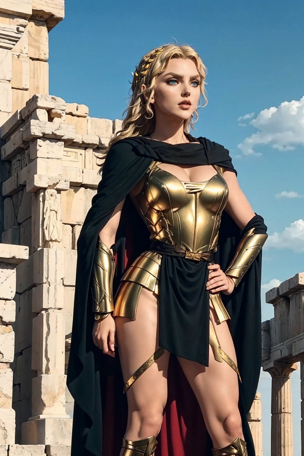 A sexy warrior woman in Greek myth golden armor, black clothes,  red cape stands on the Temple of Athena Nike., Alexia, blonde hair, green eyes, ,1girl, Alexia