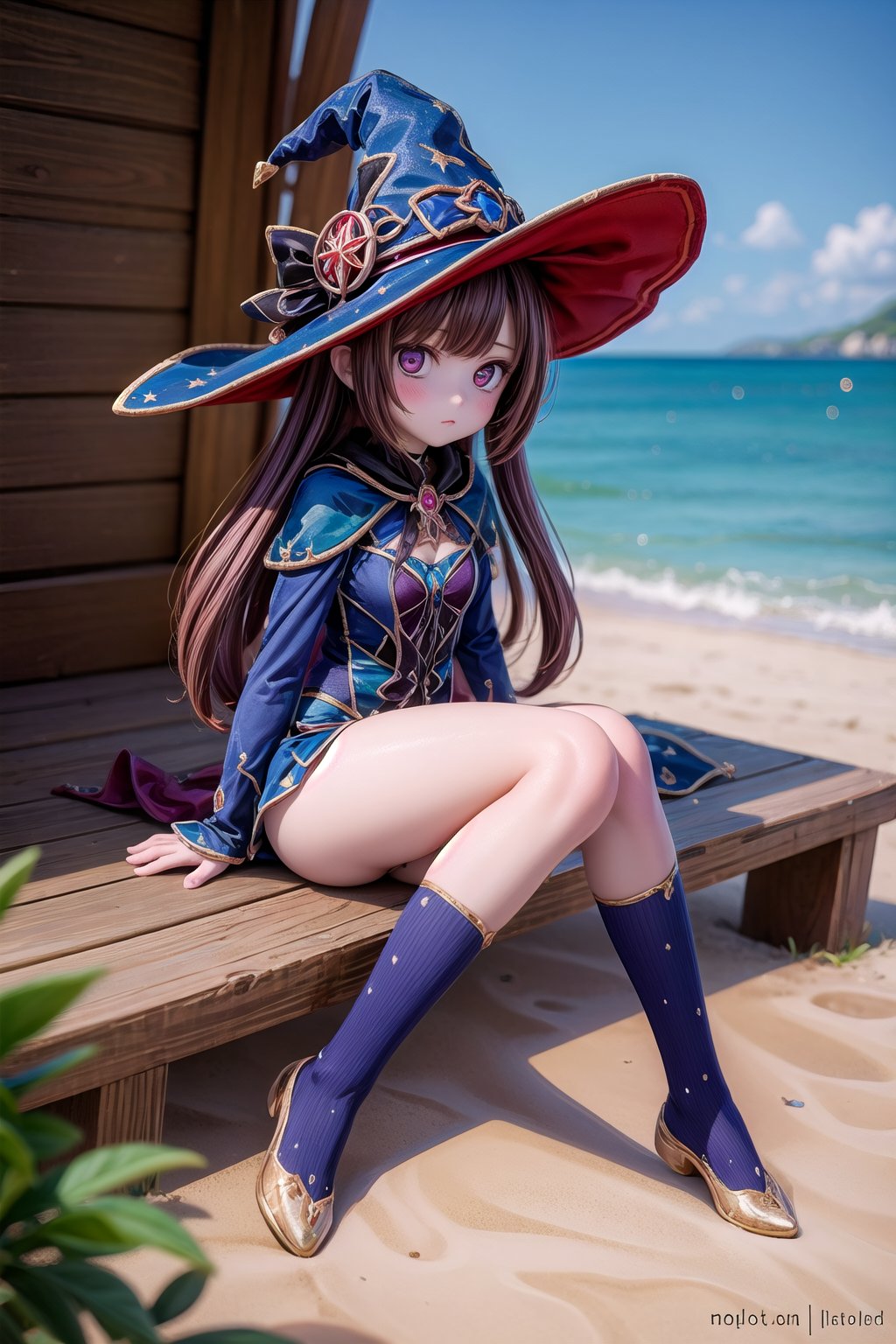 Mona_Impact, full_body, 25 years old girl, blurry_background, witch hat, sitting on beach