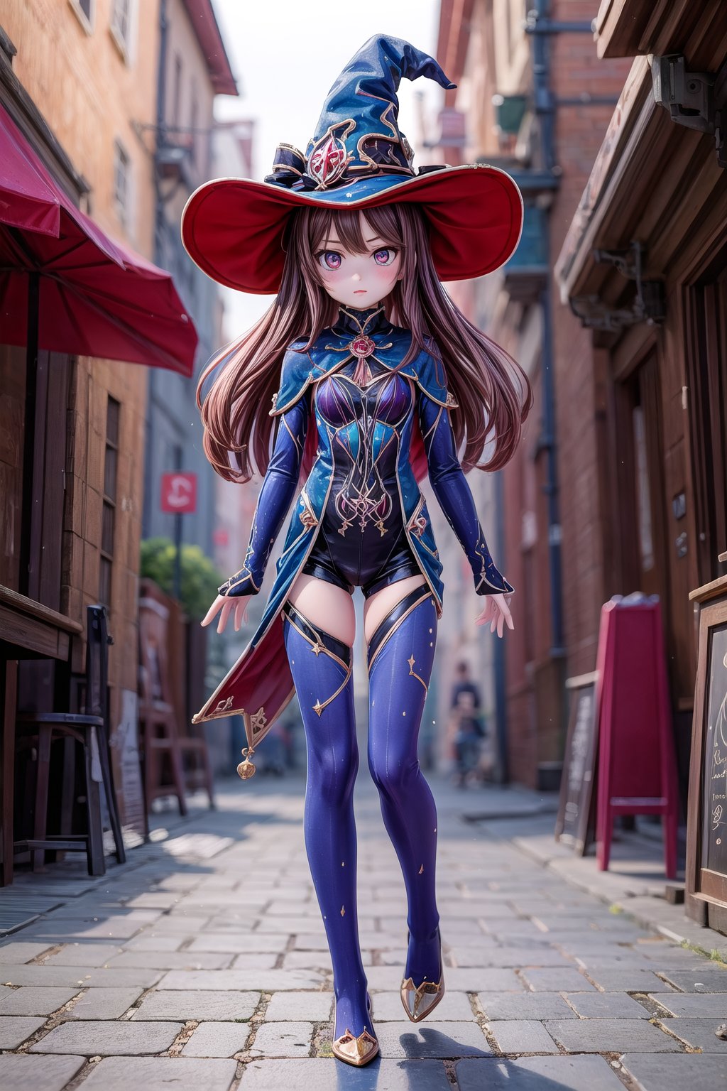 Mona_Impact, full_body, outdoor, beautiful 25 years old girl, blurry_background, witch hat,