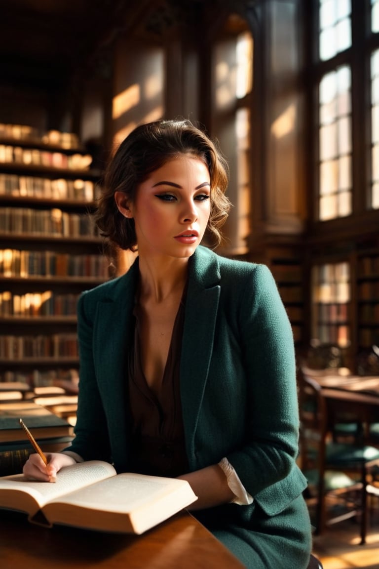 HQ photography, closeup portrait, sharp focus, bokeh background, high contrast, In a serene, cinematic setting, a lovely, young woman, reminiscent of Angeline, sits in an antique university library, looking at the book, Degas-like attention to detail captures every curl and curve of her body. In the background, an antique library full of books and ladders is bathed by the afternoon sun rays, creating a sense of depth and atmosphere. The overall effect is stunning, with cinematic flair, masterpiece, shines brightly on ArtStation, trending for all to admire.,dark academia outfit, brown teal color palette, Rembrandt Lighting Style,darkacademia,photorealistic,tweed blazer, collar shirt, beret,Kodak Motion Picture Film Style, ohwx woman, ohwx, ,MoCGiannaMichaels