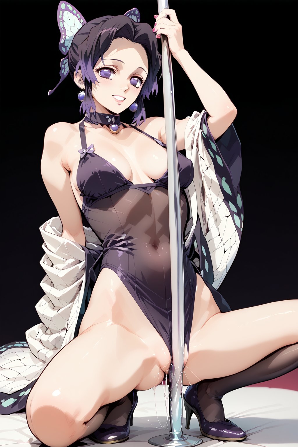  smile ,   elegant modest outfit , 
BREAK , 
score_9, score_8_up, score_7_up, score_6, score_5, score_4, ( masterpiece , ultra Detailed  ) , 
shinobu , Black and purple hair , 
MASTURBATING WITH POLE , HALF POLE