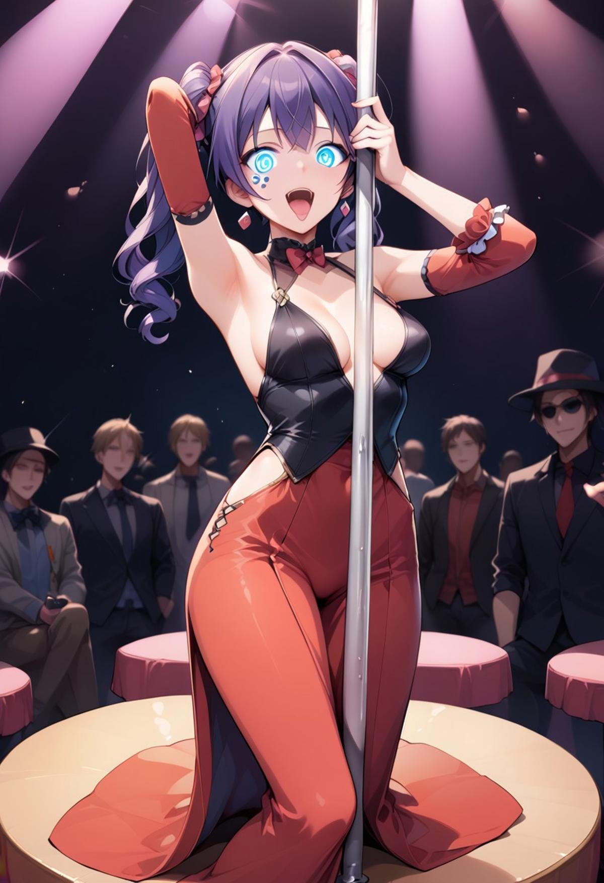 score_9_up, score_8_up, score_7_up, source_anime, masterpiece, perfectly detailed, detailed face, detailed eyes, 1girl, complete clothes, BREAK,MASTURBATING WITH POLE, (standing), Microphone, singing, Idol singer, Long dress, holding pole,