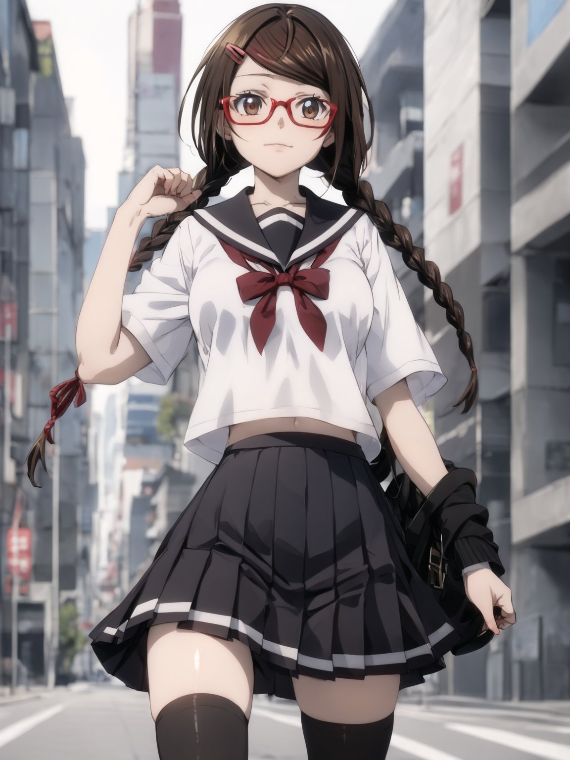 masterpiece, best quality, highres
,//Character, 
1girl, solo
,//Fashion, 

,//Background, 
,//Others, ,Expressiveh, 
,SakimiyaMisaki, brown hair, twin braids, brown eyes, glasses, red-framed eyewear, school uniform, hair ornament, hairclip, pleated skirt, black thighhighs