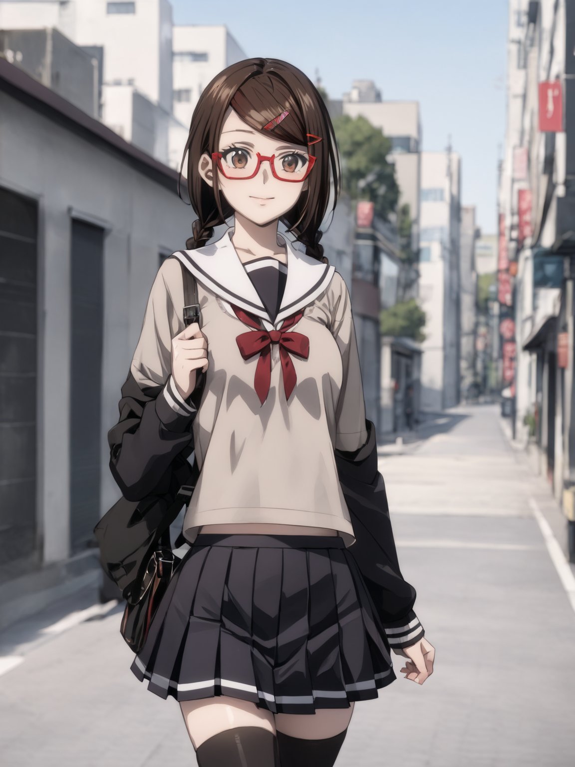 masterpiece, best quality, highres
,//Character, 
1girl, solo
,//Fashion, 

,//Background, 
,//Others, ,Expressiveh, 
,SakimiyaMisaki, brown hair, twin braids, brown eyes, glasses, red-framed eyewear, school uniform, hair ornament, hairclip, pleated skirt, black thighhighs