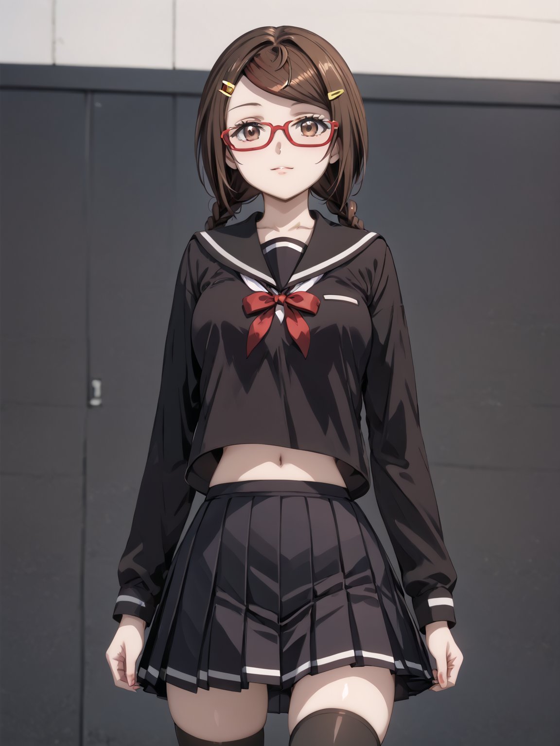 masterpiece, best quality, highres
,//Character, 
1girl, solo
,//Fashion, 

,//Background, 
,//Others, ,Expressiveh, 
,SakimiyaMisaki, brown hair, twin braids, brown eyes, glasses, red-framed eyewear, school uniform, hair ornament, hairclip, pleated skirt, black thighhighs