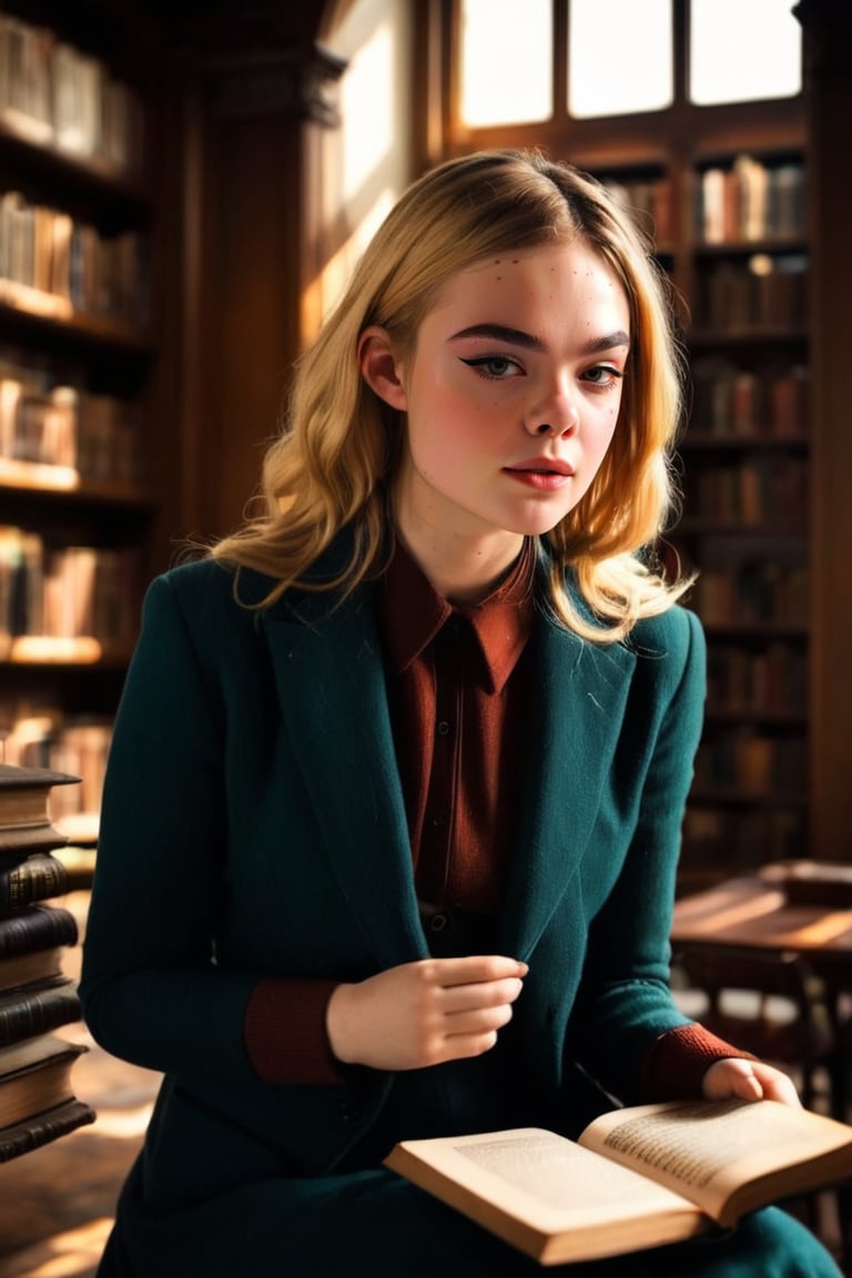 HQ photography, closeup portrait, sharp focus, bokeh background, high contrast, In a serene, cinematic setting, a lovely, young woman, reminiscent of Angeline, sits in an antique university library, looking at the book, Degas-like attention to detail captures every curl and curve of her body. In the background, an antique library full of books and ladders is bathed by the afternoon sun rays, creating a sense of depth and atmosphere. The overall effect is stunning, with cinematic flair, masterpiece, shines brightly on ArtStation, trending for all to admire.,dark academia outfit, brown teal color palette, Rembrandt Lighting Style,darkacademia,photorealistic,tweed blazer, collar shirt, beret,Kodak Motion Picture Film Style, ohwx woman, ohwx, ,Elle Fanning