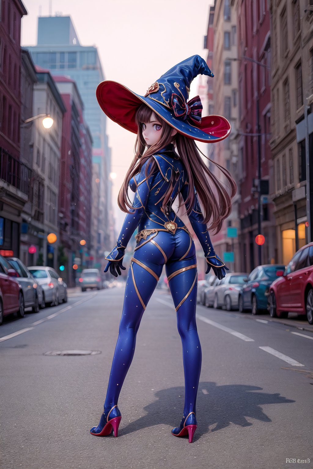 Mona_Impact, full_body, 25 years old girl, blurry_background, show me your back, witch hat,