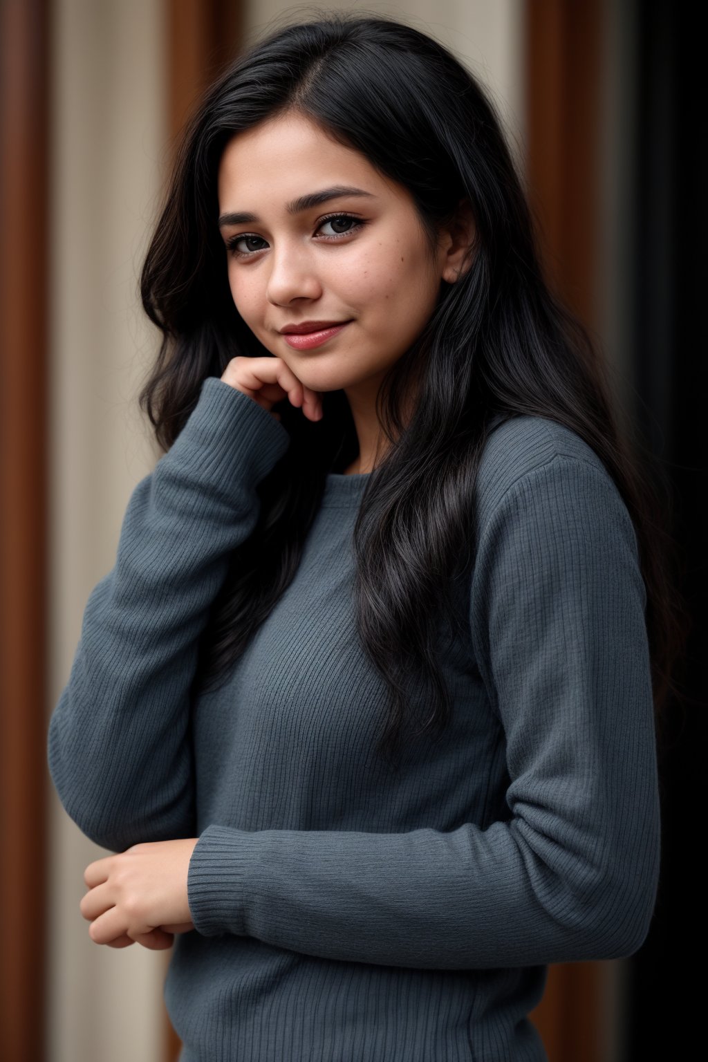 Here's a prompt for a hyper-realistic image:

A 15-year-old girl with dark skin and flowing black hair framing her face, features a warm tone and cinematic lighting. Her captivating blue eyes look directly at the viewer, drawing them in. She wears a cozy sweater with long sleeves and delicate blue nail polish on her hands. A shy smile plays on her parted lips, revealing a subtle yet inviting expression. Freckles add a touch of realism to her beauty. The image is rendered in exquisite details and textures, with high contrast and vibrant colors. Sidelighting creates depth and dimension, while the warm tone evokes a sense of intimacy. Her long, flowing hair cascades down her back like a waterfall, with intricate artwork masterpieces adorning the background. This image is a masterpiece of ultra-realistic illustration, capturing the essence of beauty and aesthetic.