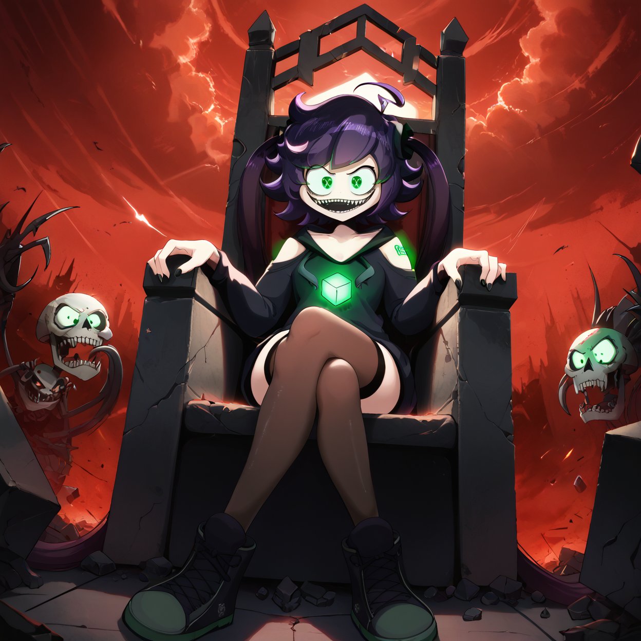 score_9_up, score_8_up, score_7_up, Spoopystories, IC0n, 1girl, solo, short purple hair, green eyes, ahoge, long twin tails,
black hoodie, glowing green cube on chest, glowing green tattoos on shoulders, open shoulders, black thighhighs, black boots,
evil smile, open mouth, crossed_legs_(sitting), sitting on throne,
BREAK,
outdoors, red sky, debris, throne, throne of skulls,
dramatic angle, (from below), three quarter view, (cinematic lighting, volumetric lighting)