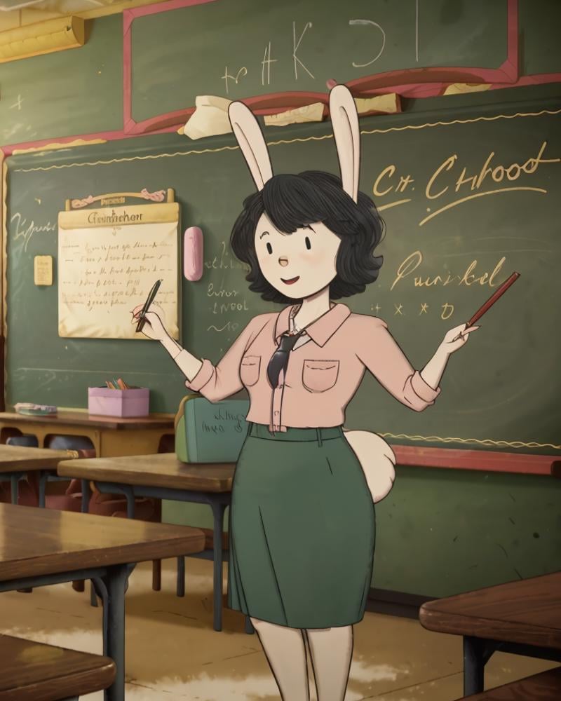 _r4b_, teacher, chalkboard, schoolroom <lora:ranger_rabbit_r4b_v2:1>